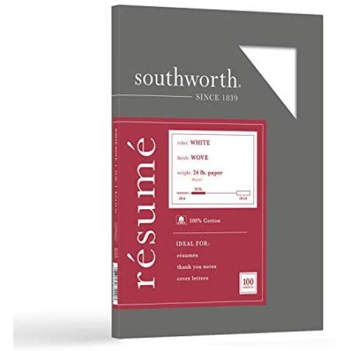 Southworth 100% Cotton Resume Paper, 8.5” x 11'', 24 lb/90 gsm, Wove Finish, White, 100 Sheets - Packaging May Vary (R14CF) (SOUR14CF)