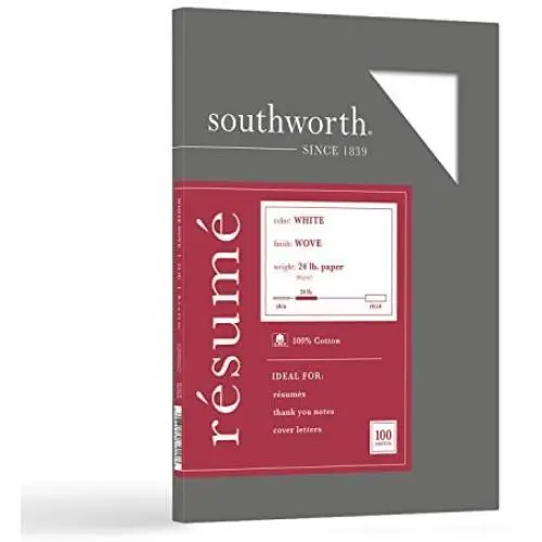 Southworth 100% Cotton Resume Paper, 8.5” x 11'', 24 lb/90 gsm, Wove Finish, White, 100 Sheets - Packaging May Vary (R14CF) (SOUR14CF)
