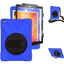 10.2 Inch iPad Case 2020/2019 with Strap, [Built in Screen Protector] TSQ iPad 8th/7th Generation Case Heavy Duty Child Proof Shockproof Hard Rubber Case w/ 360 Degree Rotatable Stand/Hand Strap, Blue