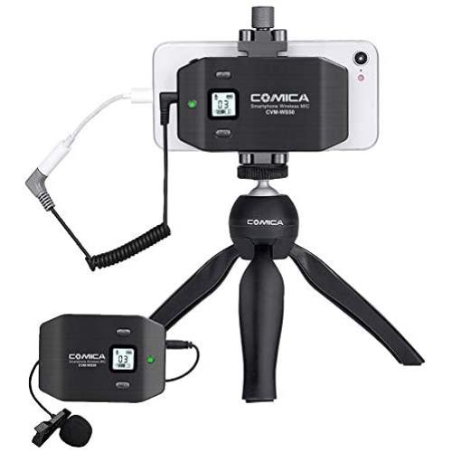 Comica CVM-WS50(C) Smartphone Wireless Lavalier Microphone with UHF 6 Channels 194 FT Wireless Range, Built-in Rechargeable Battery, Wireless Microphone for iPhone Samsung Huawei and More