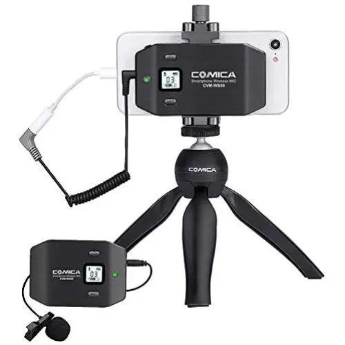 Comica CVM-WS50(C) Smartphone Wireless Lavalier Microphone with UHF 6 Channels 194 FT Wireless Range, Built-in Rechargeable Battery, Wireless Microphone for iPhone Samsung Huawei and More