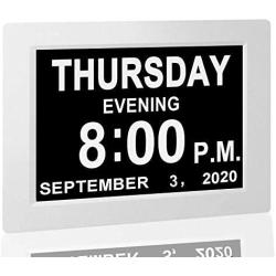 【Upgraded】 Digital Calendar Alarm Day Clock - with 8'' Large Screen Display, am pm, 5 Alarm, for Extra Large Impaired Vision People, The Aged Seniors, The Dementia, for Desk, Wall Mounted, White