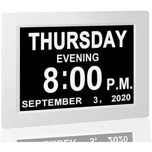 【Upgraded】 Digital Calendar Alarm Day Clock - with 8'' Large Screen Display, am pm, 5 Alarm, for Extra Large Impaired Vision People, The Aged Seniors, The Dementia, for Desk, Wall Mounted, White
