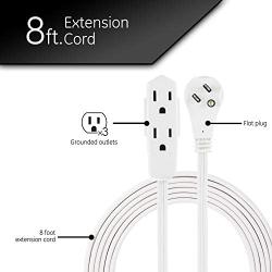 GE Indoor Office Extension Cord, Extra Long 8ft Power Cable, 3 Grounded Outlets, 3 Prong, Low-Profile Right Angle Flat Plug, 16 Gauge, UL Listed, White, 50251