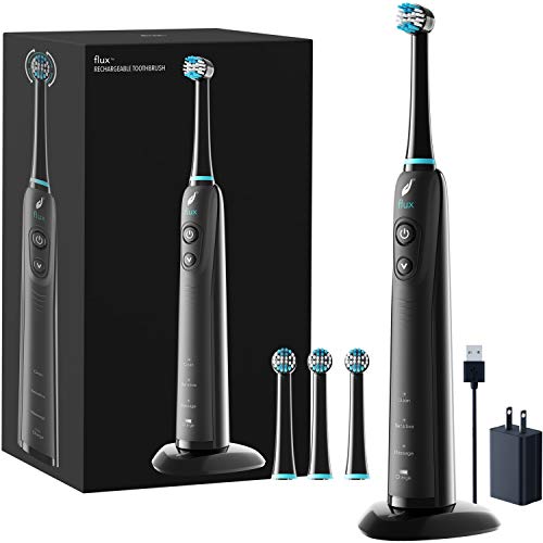 FLUX Electric, Rechargeable Oscillating Toothbrush with 3 Brush-Heads, USB Power cable and USB Power adapter (Black)