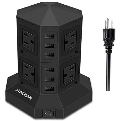 Power Strip Tower, Surge Protector Charging Tower with 8 AC Outlets and 6 Ports USB, Independent Control Switch for Each Floor (Black)