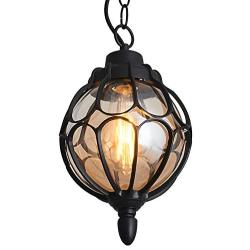 IJ INJUICY Outdoor Hanging Lantern, Rustic Waterproof Pendant Lighting Fixture in Painted Black Metal with Glass Globe, 7.1'' Exterior Hanging Light for Porch, Exterior, Entryway (Black)