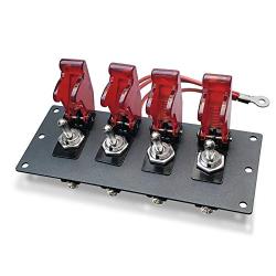 MGI SpeedWare Black 4 Toggle Switch Panel, Powder Coat Steel, Safety Flip Covers (Red)