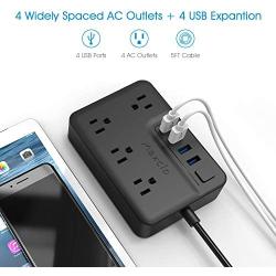 Power Strip with 4 USB Ports 4 Outlets, Maxcio Desktop Charging Station with Angled Flat Plug & 10A 5 ft Extension Cord Multi Outlets Extender Plug for Cruise Ship, Dorm Room, Home & Office, Black