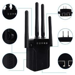 WiFi Repeater 1200Mbps, Whew Wireless Signal Booster, Dual Band 2.4G and 5G Expander, 4 Antennas Range Extender | One Button Setup with 2 Ethernet Port (Black)