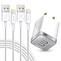 iPhone Charger Set, 2-Pack Overtime Apple MFi Certified Lightning Cables with 1 Dual USB Wall Adapter - 2.4 AMP Compatible w/iPhone 11 Pro Max XS XR X 8 7 6S 6 Plus SE iPad (Silver/White, 4ft)