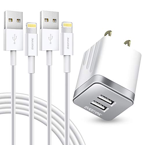 iPhone Charger Set, 2-Pack Overtime Apple MFi Certified Lightning Cables with 1 Dual USB Wall Adapter - 2.4 AMP Compatible w/iPhone 11 Pro Max XS XR X 8 7 6S 6 Plus SE iPad (Silver/White, 4ft)