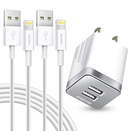 iPhone Charger Set, 2-Pack Overtime Apple MFi Certified Lightning Cables with 1 Dual USB Wall Adapter - 2.4 AMP Compatible w/iPhone 11 Pro Max XS XR X 8 7 6S 6 Plus SE iPad (Silver/White, 4ft) iPhone Charger Set, 2-Pack Overtime Apple MFi Certified Lightning Cables with 1 Dual USB Wall Adapter - 2.4 AMP Compatible w/iPhone 11 Pro Max XS XR X 8 7 6S 6 Plus SE iPad (Silver/White, 4ft)