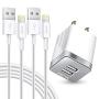 iPhone Charger Set, 2-Pack Overtime Apple MFi Certified Lightning Cables with 1 Dual USB Wall Adapter - 2.4 AMP Compatible w/iPhone 11 Pro Max XS XR X 8 7 6S 6 Plus SE iPad (Silver/White, 4ft)