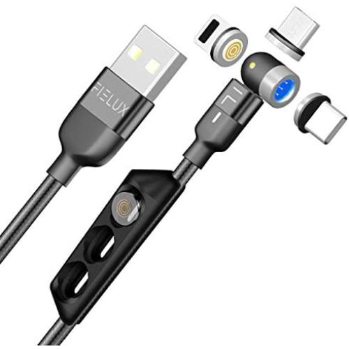 FIELUX Quick 360°+180° Rotation Magnetic Charging Cable Compatible with Micro, Type-C Charging Port Smartphones and i-Product Devices 3 in 1 (3.3 ft, Black)