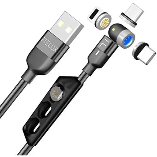 FIELUX Quick 360°+180° Rotation Magnetic Charging Cable Compatible with Micro, Type-C Charging Port Smartphones and i-Product Devices 3 in 1 (3.3 ft, Black)