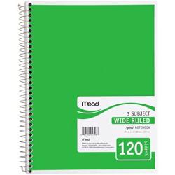 Mead Spiral Notebook, 3 Subject, Wide Ruled Paper, 120 Sheets, 10-1/2 x 7-1/2 inches, Color Selected For You (05746)