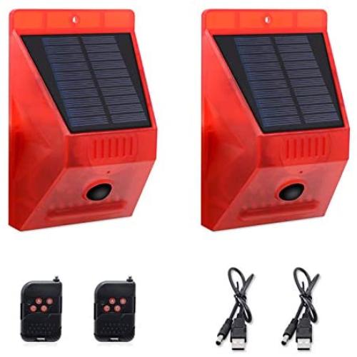 Solar Strobe Light with Remote Controller with Motion Detector Solar Alarm Light 129db Sound Security Siren Light IP65 Waterproof Protected for Your Home,Villa,Baren,Farm,Yard,2 Pack.