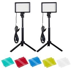 Dimmable 5600K USB LED Video Light with Adjustable Tripod Stand/Color Filters for Tabletop/Low Angle Shooting, Colorful LED Lighting, Product Portrait YouTube Video Photography（2 Packs ）