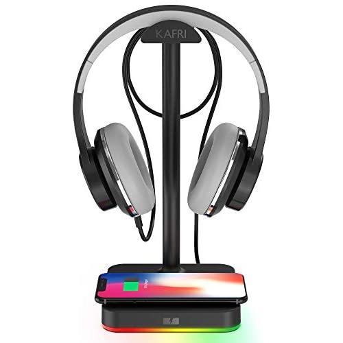RGB Headphone Stand with Wireless Charger KAFRI Desk Gaming Headset Holder Hanger Rack with 10W/7.5W Fast Charge QI Wireless Charging Pad - Suitable for Gamer Desktop Table Game Earphone Accessories