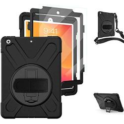 TSQ iPad 10.2 Case 2019 2020/iPad 7th 8th Generation Case with Screen Protector, Heavy Duty Shockproof Hard Rugged Protective Kids Case with Hand Strap/Stand/Shoulder Strap for iPad 7th 8th Gen, Black