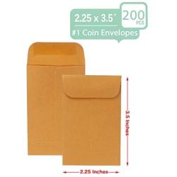 Xxcxpark 200PCS #1 Coin Envelopes 2.25x3.5 Brown Kraft Envelopes Classic Small Parts Gummed Flap for Coins, Cash, Credit Cards, Seeds