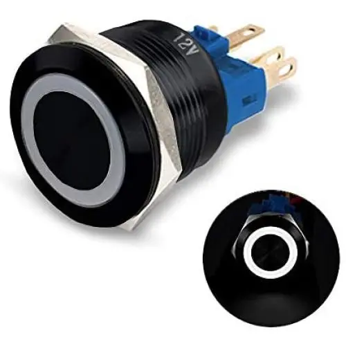 MGI SpeedWare Black Aluminum Push Button Switch 22mm with Socket, 3A 12vDC Ring LED (Momentary, White)