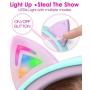 FosPower Kids Headphones with LED Light Up Cat Ears 3.5mm On Ear Audio Headphones for Kids with Laced Tangle Free Cable (Max 85dB) - Teal/Light Purple