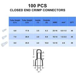 Onite 100PCS Transparent Protective Closed End Crimp Cap Terminal Connectors,Nylon Power Cable Wire Connector Kit(22-16AWG,16-14AWG,12-10AWG)