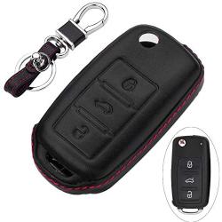 ROYALFOX(TM Luxury 2 3 Buttons Soft TPU flip Remote Key Fob case Cover for VW Volkswagen Jetta GTI Passat Golf Bora Polo Tiguan Touareg Beetle Multivan Sagitar Passat,Skoda Keychain (Leather Black)