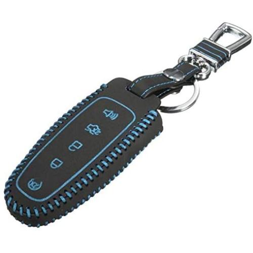 WFMJ Blue Leather Remote Smart 5 Buttons Key Cover Case for Ford Edge Escape Explorer Focus Flex Taurus Fusion