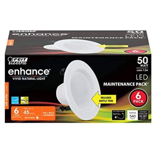 Feit Electric LEDR4B/927CA/MP/6 Enhance LED Recessed Light with Baffle Trim Retrofit kit, 4 Inch 50 Watt, white, 6 Piece