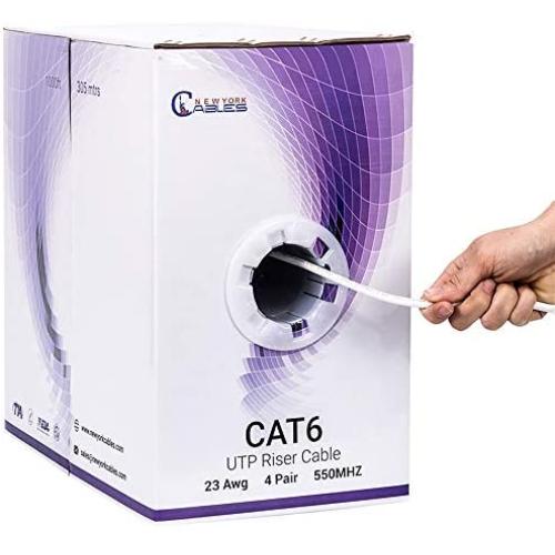 Newyork Cables Cat6 Riser (CMR) 1000ft - 4 Pair Solid 23AWG, Ethernet Cable 1000 ft Outdoor - 550MHz 10 Gigabit Speed, Unshielded Twisted Pair (UTP), Bulk Ethernet Cable - White