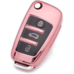 Royalfox(TM) Luxury Chrome Soft TPU Remote Key Fob case Cover for Audi Folding flip Key, Audi A1 A3 A4 A5 A6 Q3 Q5 Q7 TT S3 R8 (Pink with Black)