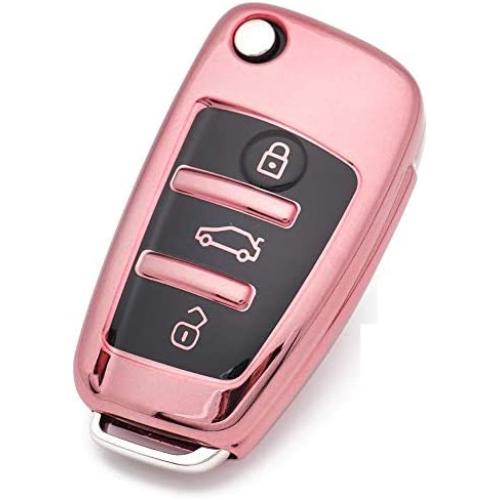 Royalfox(TM) Luxury Chrome Soft TPU Remote Key Fob case Cover for Audi Folding flip Key, Audi A1 A3 A4 A5 A6 Q3 Q5 Q7 TT S3 R8 (Pink with Black)