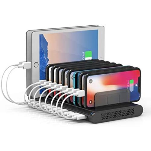 Alxum 10 Port USB Charging Station, Charging Station Dock for Multiple Device with Adjustable Dividers, Compatible with iPhone, iPad Air/Mini, Samsung Galaxy, LG stylo, Google Pixel, Kindle, Black