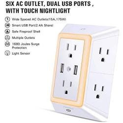 USB Wall Charger, Surge Protector, POWRUI 6-Outlet Extender with 2 USB Charging Ports (2.4A Total) and Night Light, 3-Sided Power Strip with Adapter Spaced Outlets - White，ETL Listed