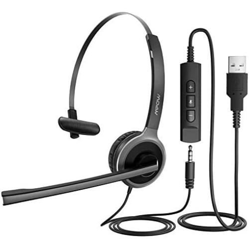 Mpow Single-Sided PC 3.5mm/USB Microphone Headset Noise Cancelling, 270 Degree Rotatable Boom Mic for Right/Left Ear, Comfort-fit Skype Headphone with Mute Function