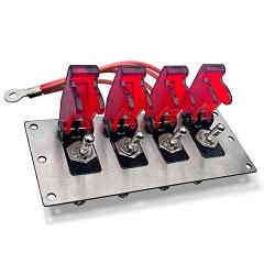 MGI SpeedWare 4 Gang Metal Toggle Switch Panel, Safety Flip Covers (Red)