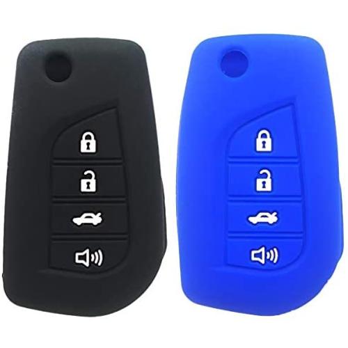 2Pcs WERFDSR Sillicone key fob Skin key Cover Keyless Entry Remote Case Protector Shell for Toyota Camry 4-Runner RAV4 Highlander Corolla Yaris 4 button smart remote black blue