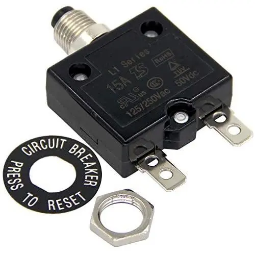 RKURCK 125-250V AC 50V DC Push Button Circuit Breaker 15Amp Thermal Overload Protector L1 Series Manual Reset Thermal Circuit Breaker 15A
