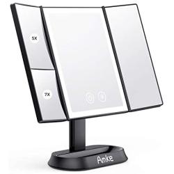 [Latest 2021] Makeup Mirror with Lights,Vanity Mirrors with 1X 5X 7X Magnification, Touch Screen, Dual Power Supplies, Portable Trifold Lighted Makeup Mirror