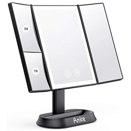 [Latest 2021] Makeup Mirror with Lights,Vanity Mirrors with 1X 5X 7X Magnification, Touch Screen, Dual Power Supplies, Portable Trifold Lighted Makeup Mirror