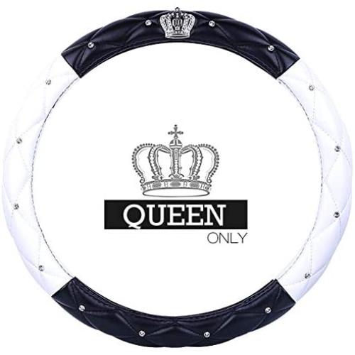 Queens Car Steering Wheel Cover with Noble Crown + Bling Diamond + Exquisite Lattice Design Auto Stylish Elegant Collection Accessories Universal 15''/38cm (Black - White)