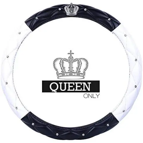 Queens Car Steering Wheel Cover with Noble Crown + Bling Diamond + Exquisite Lattice Design Auto Stylish Elegant Collection Accessories Universal 15''/38cm (Black - White)