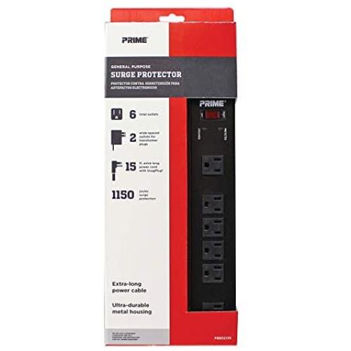 Prime Wire PB802135 6-Outlet Metal Power Workshop Surge Protector with 14-3 SJT 15-Feet Cord,Black