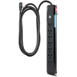 GE Surge Protector, 7 Outlet Power Strip, Extra-Long 8ft Power Cord, Flat Plug, Power Filter, Circuit Breaker, 1080 Joules, Warranty, Black, 34133