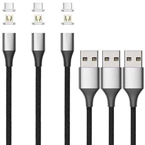 NetDot Gen10 3 in 1 Nylon Braided Magnetic Fast Charging Cable with Side LED Compatible with Micro USB & USB-C Smartphones and Product(6.6ft/3 Pack Silver)
