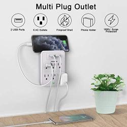 Multi Plug Outlet, Surge Protector, POWSAV USB Wall Charger with 2 USB Ports, 6-Outlet Extender and Top Phone Holder for Your Cell Phone, White, ETL Listed