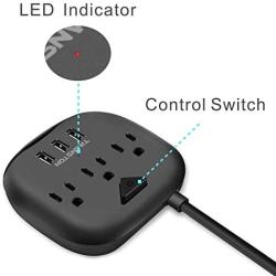 Power Strip 3 Outlets and 3 USB Ports with Switch Control, Desktop Charging Station with 5 ft Extension Cord, Compact for Nightstand, Office and Travel - Black